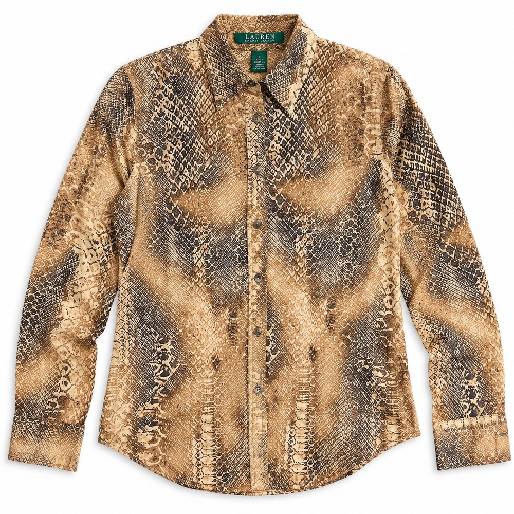 Lauren Ralph Lauren Womens Size S Snake Print Cotton Button Up Shirt Brown Black